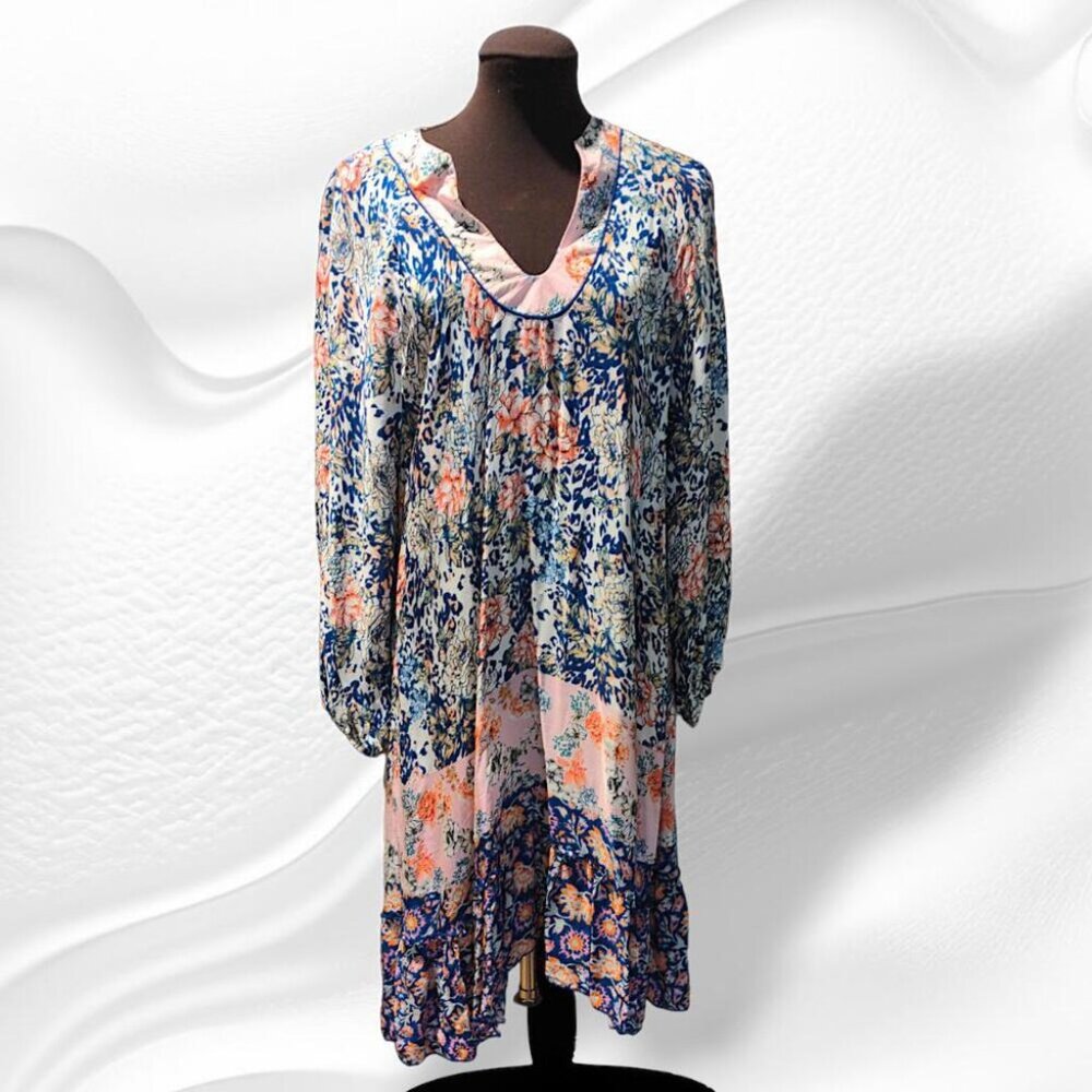 TOLANI Dress Silk PINK Blue Boho Bell Sleeve Flutter Paisley Baroque V Neck M